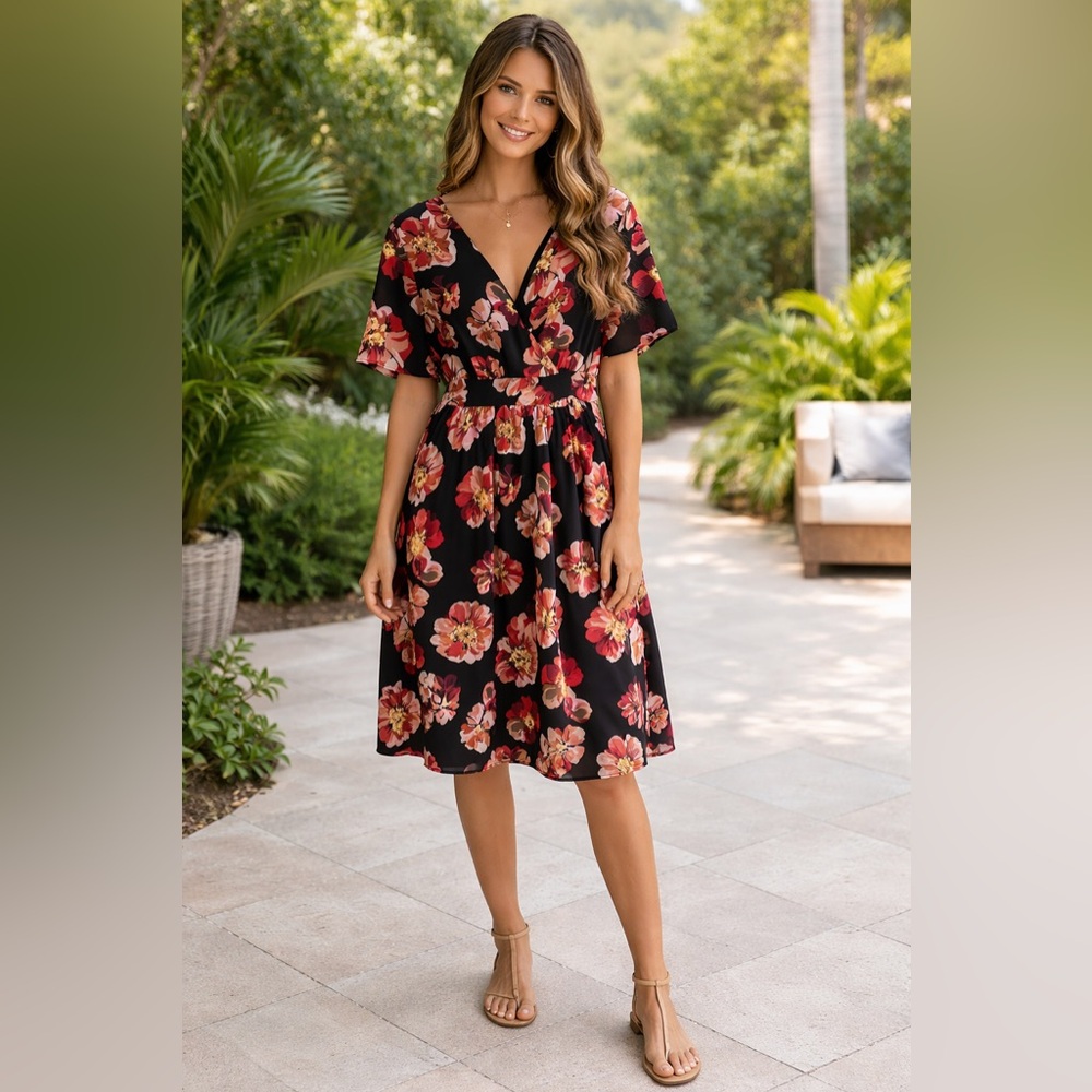 Madewell Black Floral Midi wrap boho Dress Size 6 V-Neck Fit & Flare